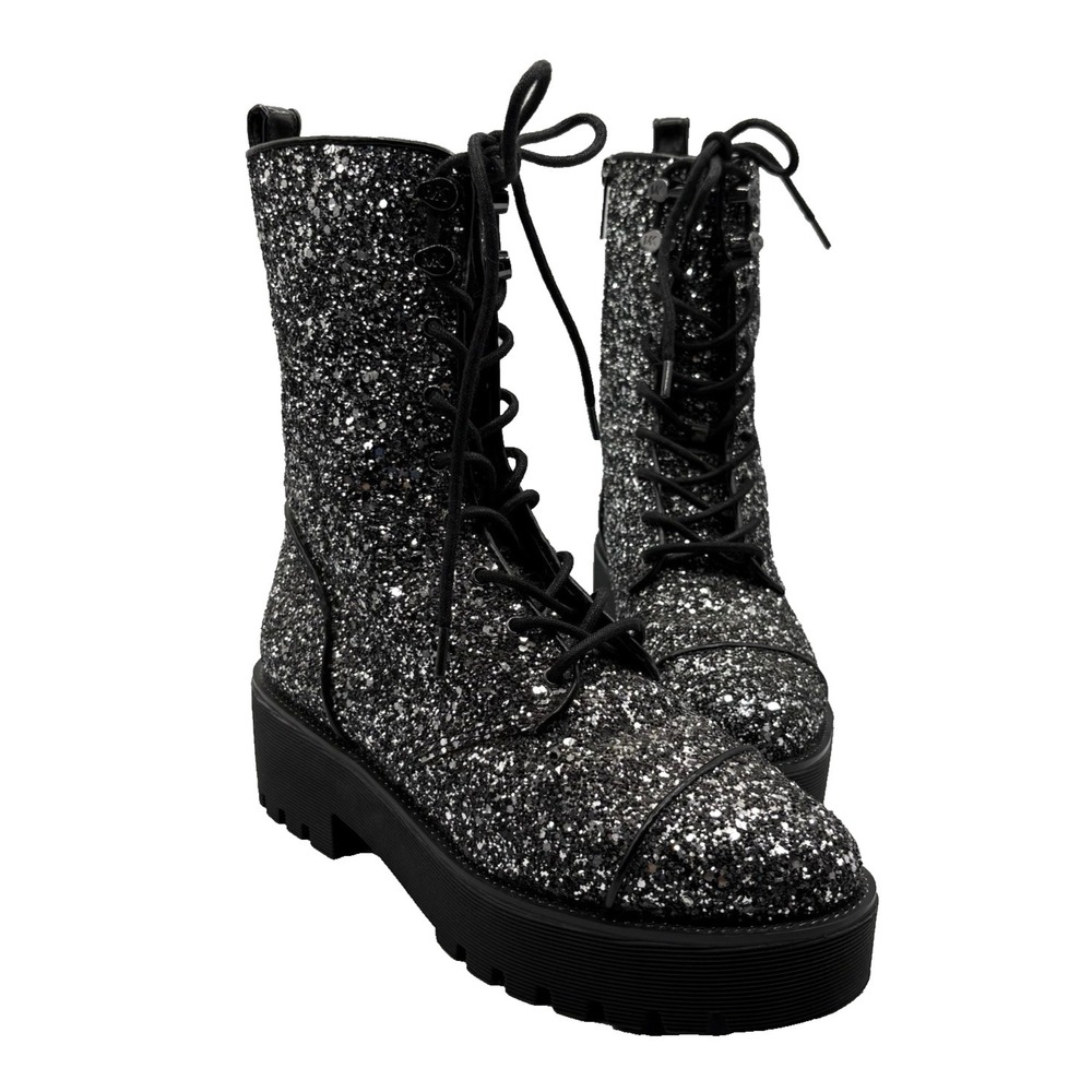 MICHAELS KORS‎ Glitter Combat Boots Women's Size 6.5 Silver Black Zip/Lace Up